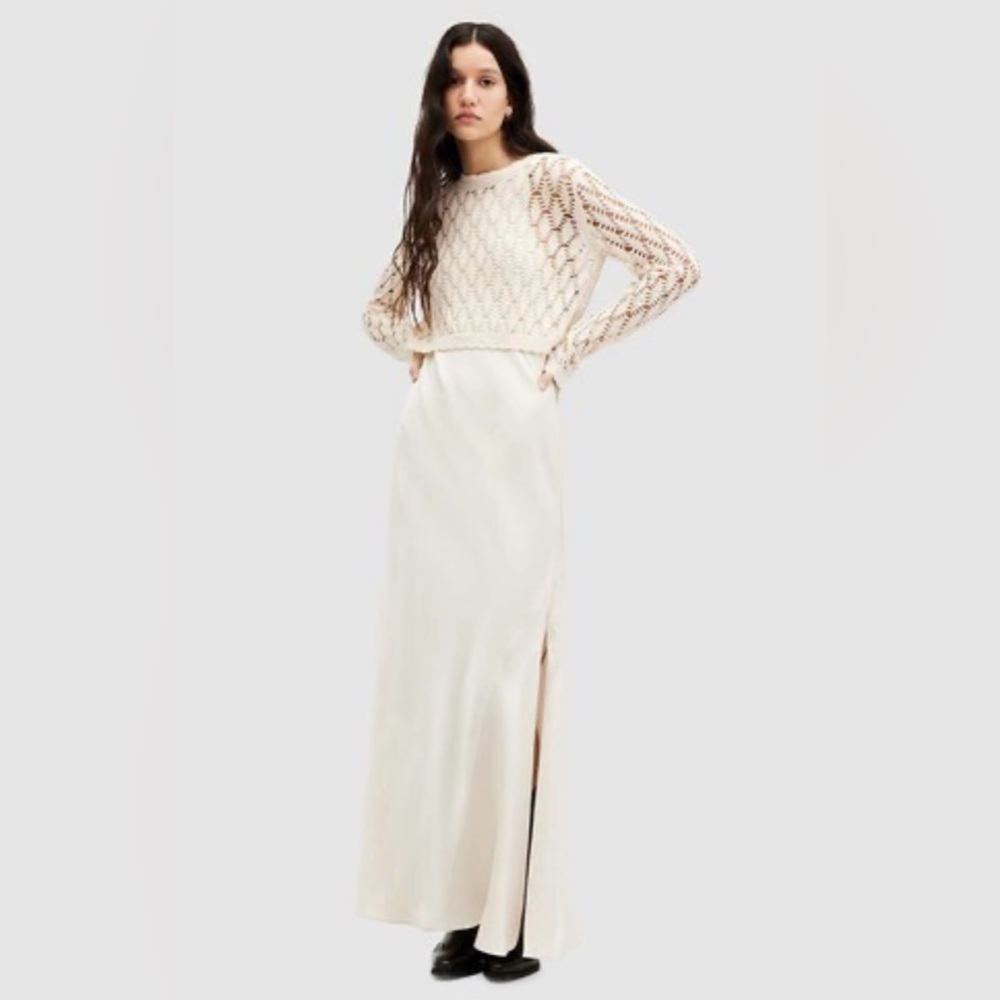 AllSaints Erin 2-in-1 Satin Maxi Dress w/ Crochet Knit Sweater